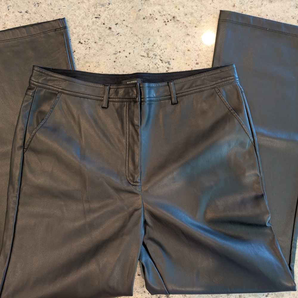 Halogen Faux Leather Straight Leg Pants Black Size 10 Chic Career Moto